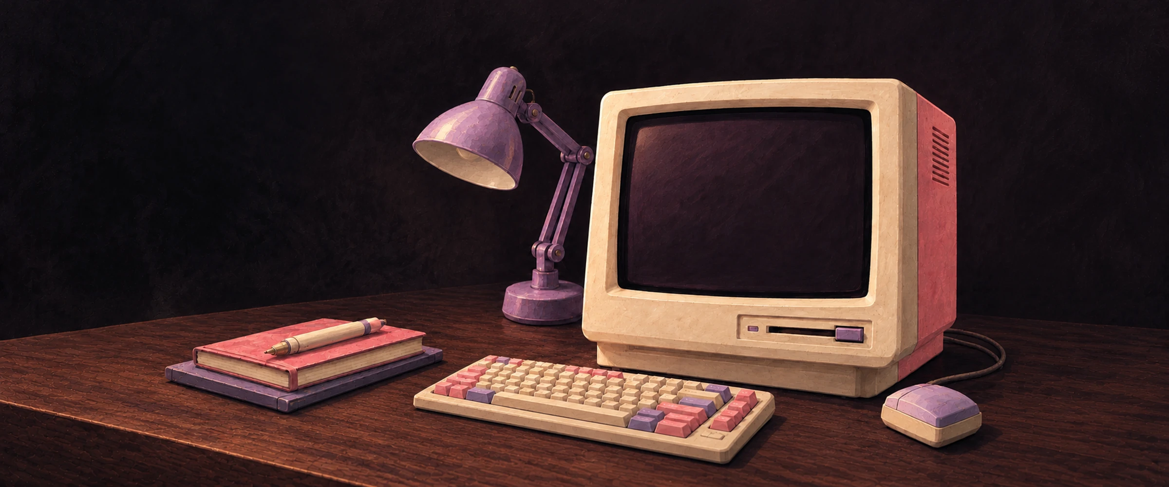 Un ordinateur rétro, une lampe, un clavier et des carnets posés sur un bureau illustré, dans les roses et violets du studio